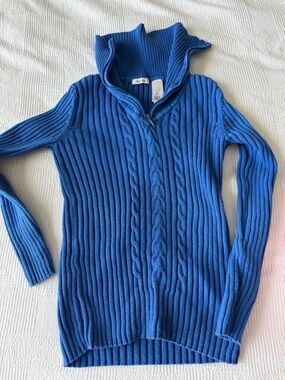 Blue Ribbed Cable-Knit Half-Zip Sweater